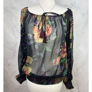 Denim & Supply Ralph Lauren Blouse top Whimsigoth Fairy Floral Sheer Black Top S